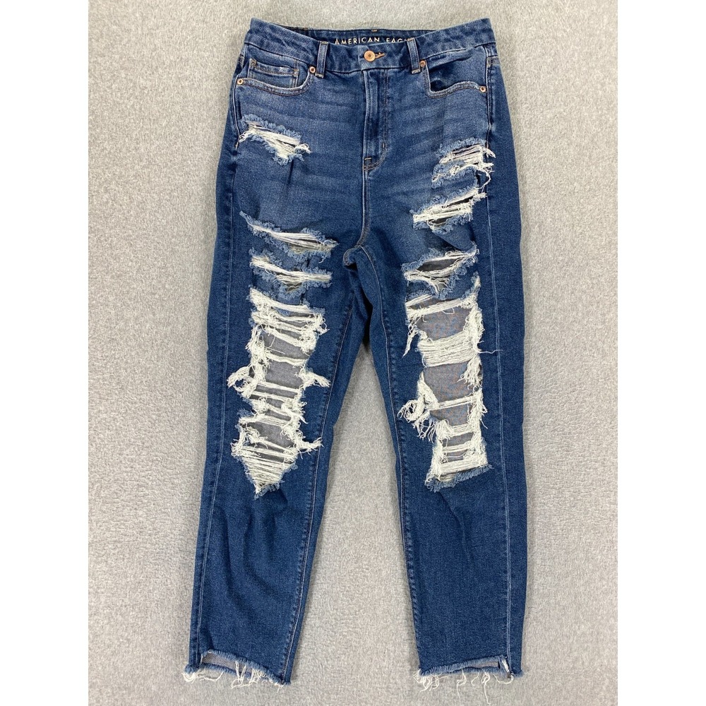 American Eagle Curvy Mom Jeans Sz 8 Distressed Ripped Holes Grunge Stretch Denim